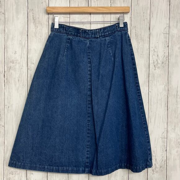 Foxmoor Button Front Flowy Cottage Cotton Midi Denim Blue Vintage Skirt 11 - Picture 2 of 5
